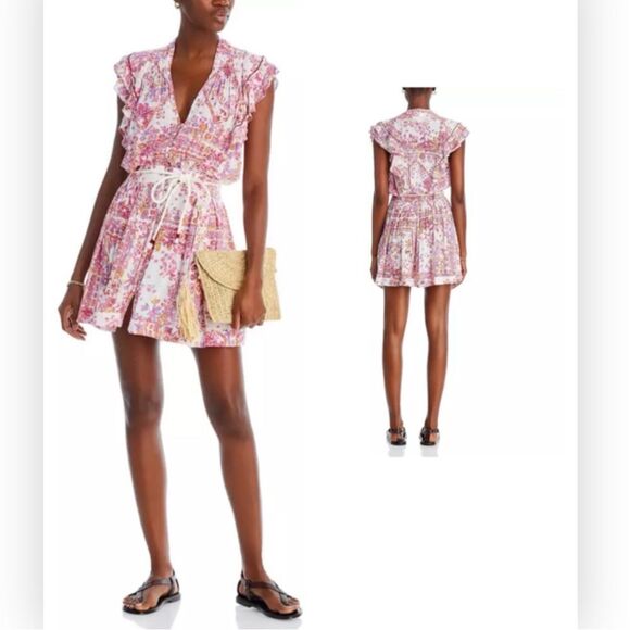 Poupette St Barth Womens Pink Floral Button-Down Ruffled Mini Dress L NWT $360 - Picture 1 of 7